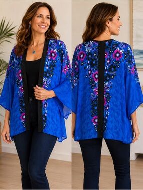 Bob Mackie Blue Floral Kimono Jacket Sz M 60s 70s Vibe
